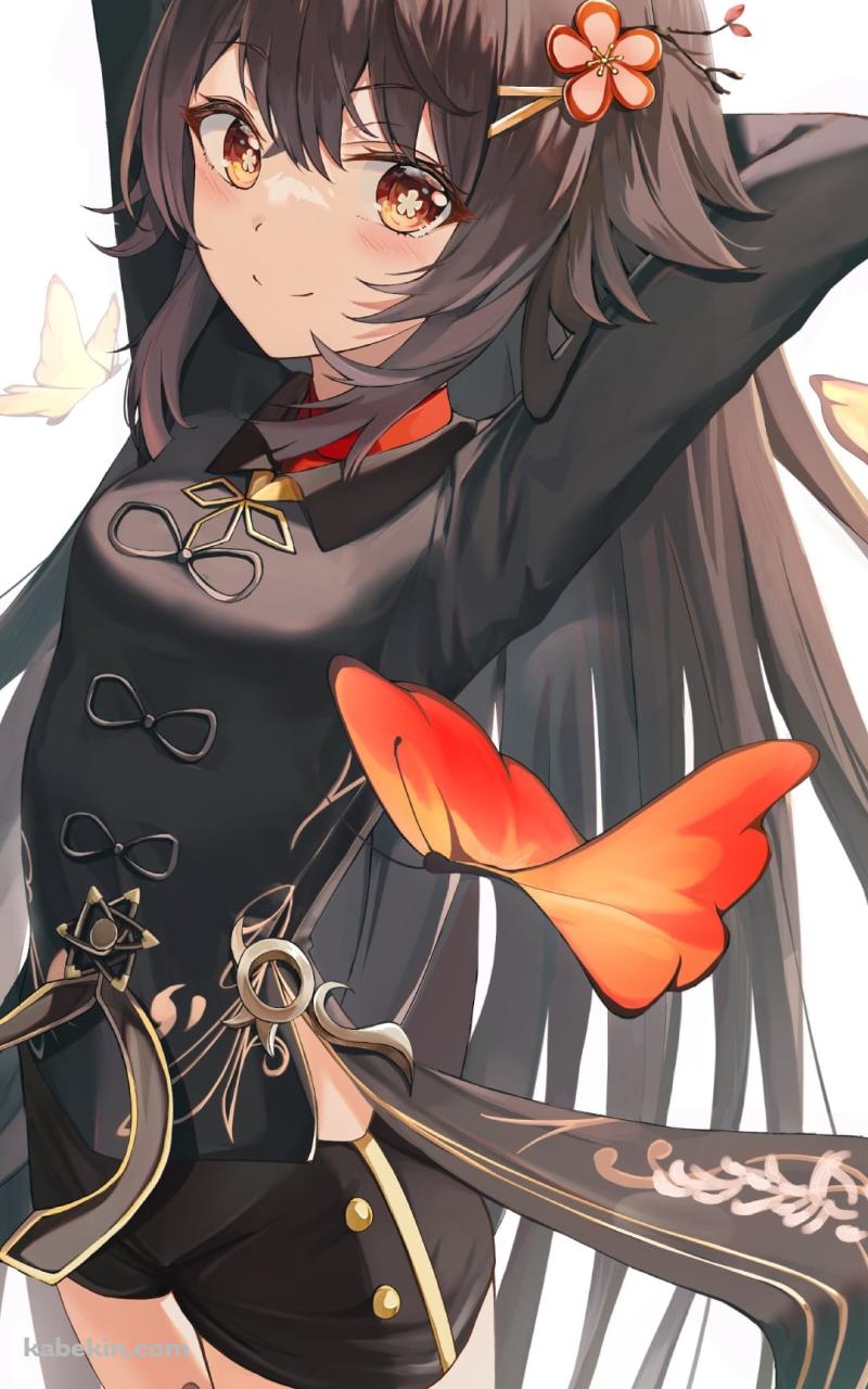 オレンジの蝶を眺める胡桃 / 原神のAndroidの壁紙(800px x 1280px) スマホ用
