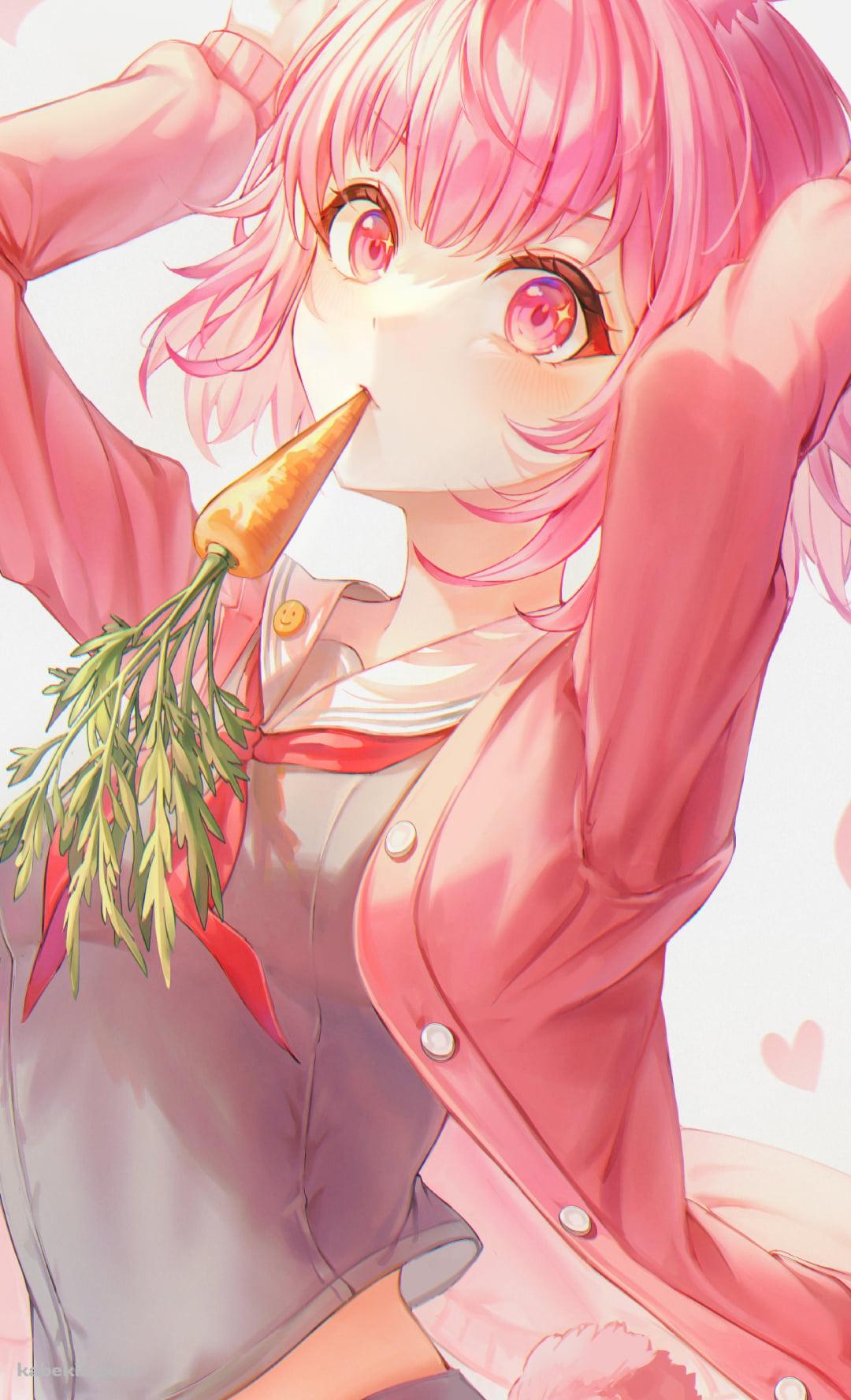 人参を咥えて兎のポーズをする鳳えむ / プロセカ / プロジェクトセカイ / イラスト / ファンアートのAndroidの壁紙(1080px x 1776px) スマホ用