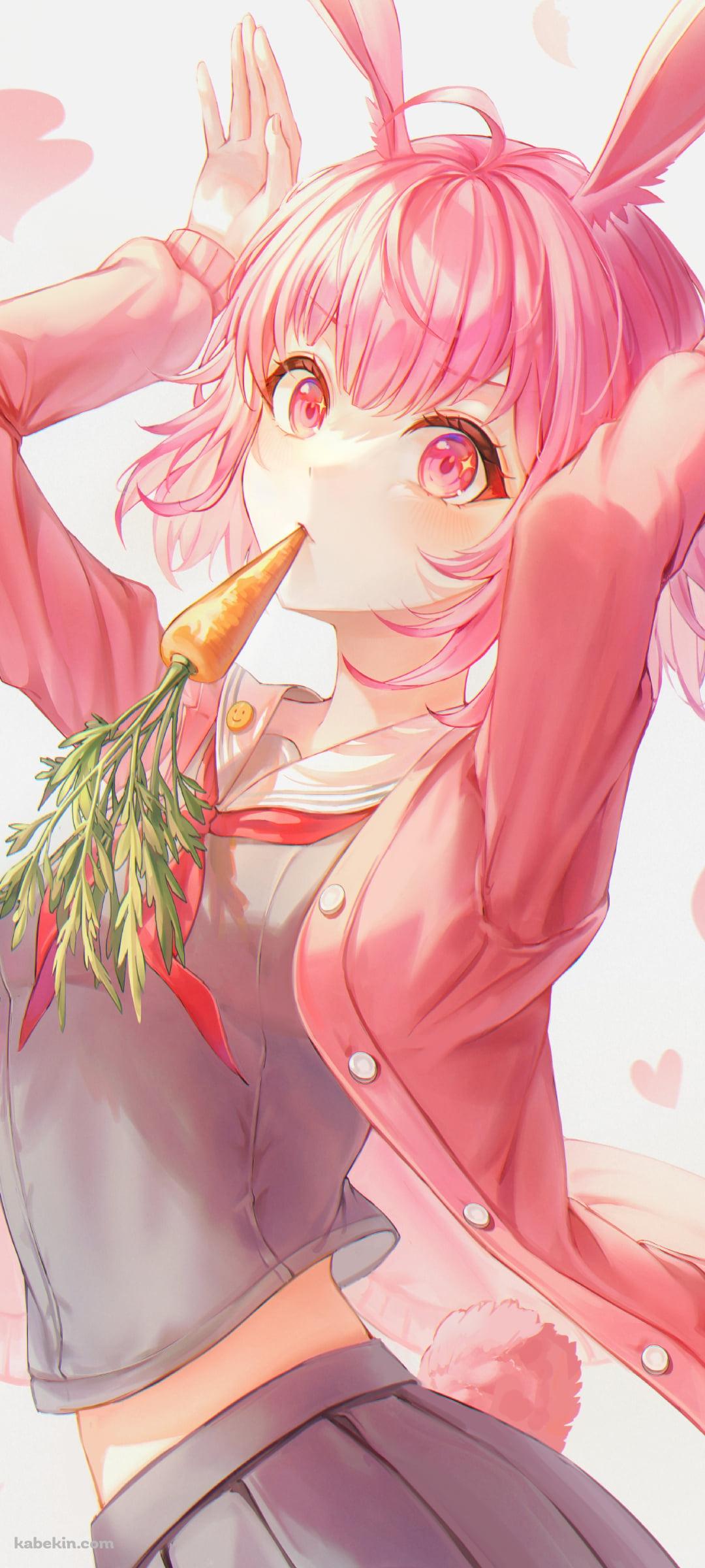 人参を咥えて兎のポーズをする鳳えむ / プロセカ / プロジェクトセカイ / イラスト / ファンアートのAndroidの壁紙(1080px x 2400px) スマホ用