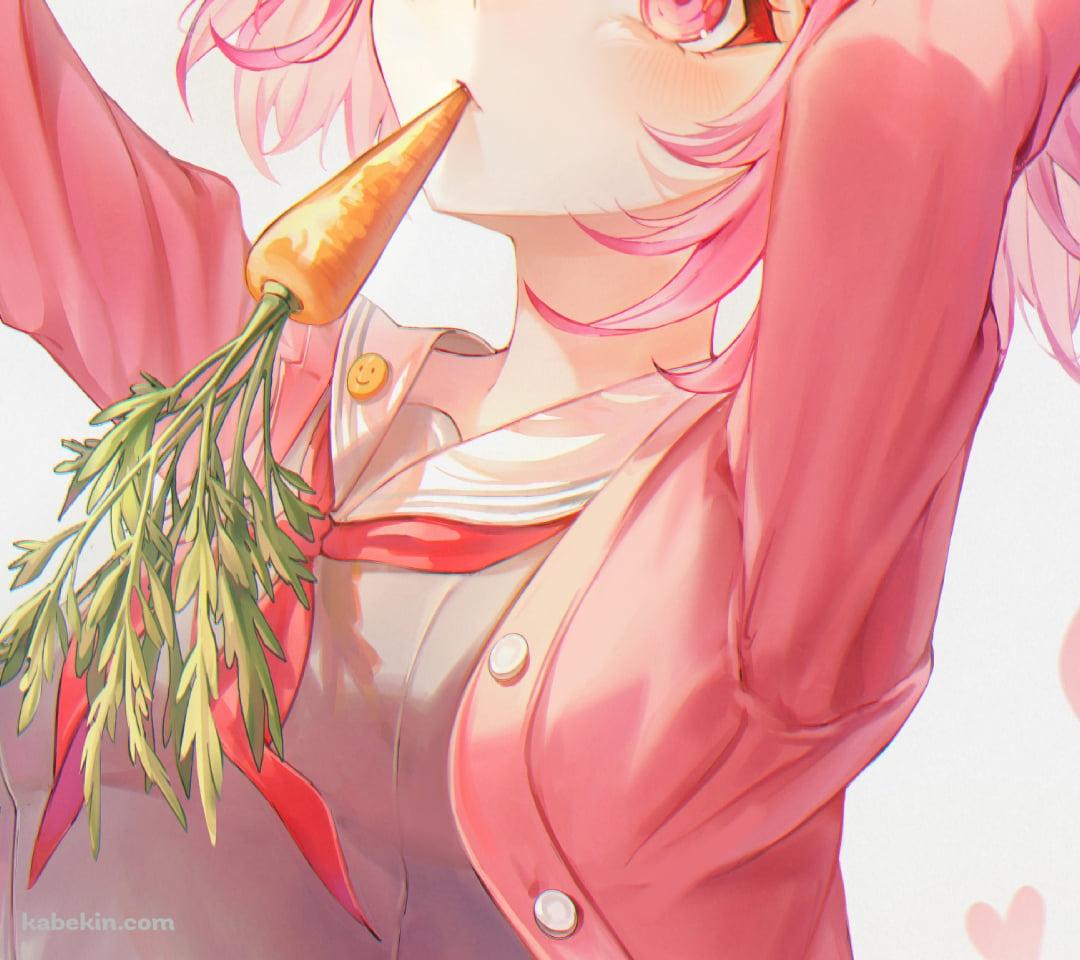 人参を咥えて兎のポーズをする鳳えむ / プロセカ / プロジェクトセカイ / イラスト / ファンアートのAndroidの壁紙(1080px x 960px) スマホ用