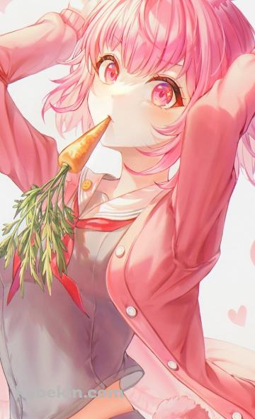 人参を咥えて兎のポーズをする鳳えむ / プロセカ / プロジェクトセカイ / イラスト / ファンアートのAndroidの壁紙(360px x 592px) スマホ用