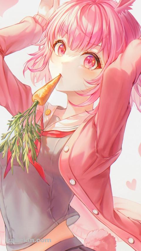 人参を咥えて兎のポーズをする鳳えむ / プロセカ / プロジェクトセカイ / イラスト / ファンアートのAndroidの壁紙(480px x 854px) スマホ用