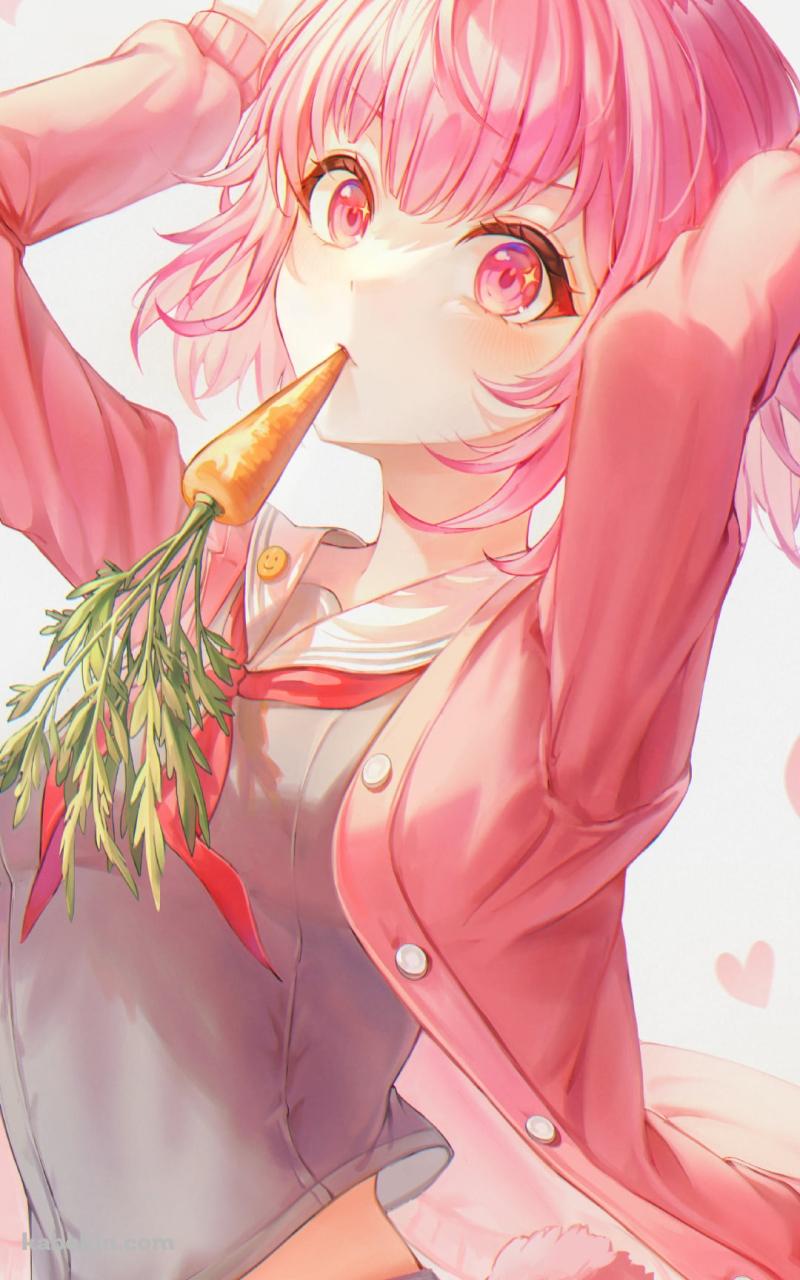 人参を咥えて兎のポーズをする鳳えむ / プロセカ / プロジェクトセカイ / イラスト / ファンアートのAndroidの壁紙(800px x 1280px) スマホ用