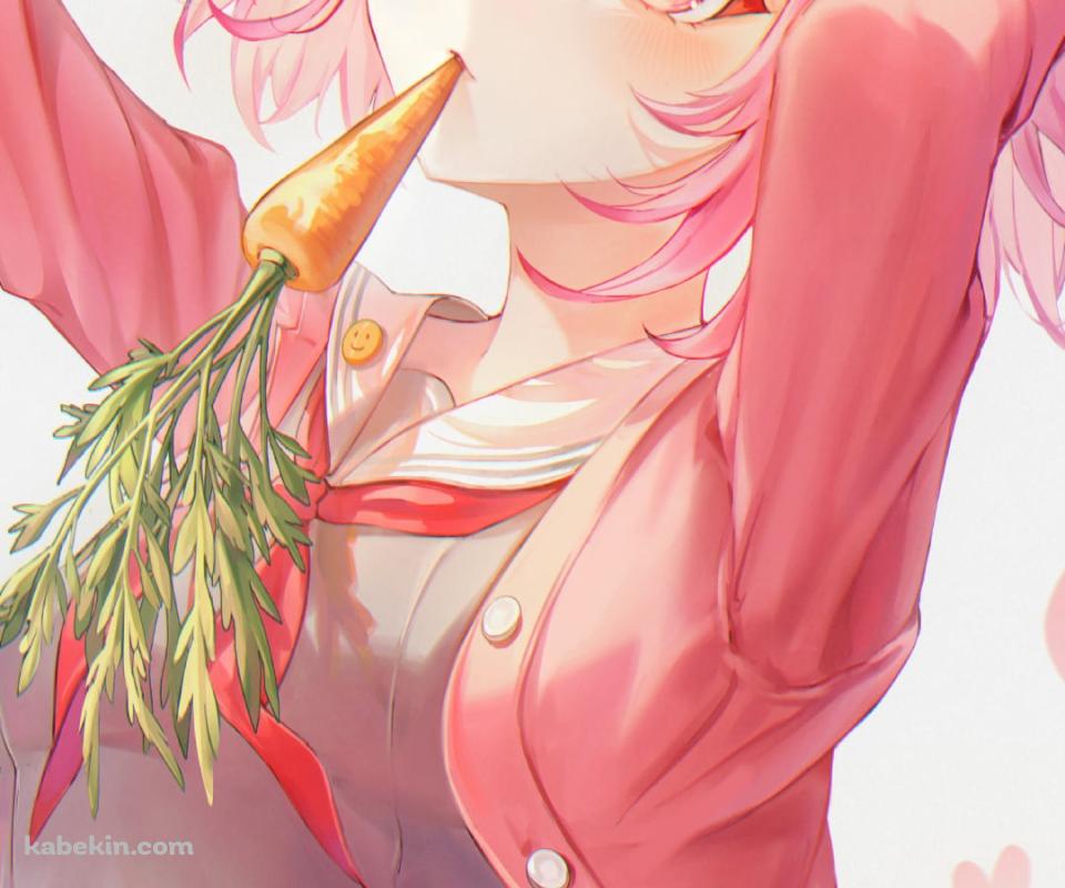 人参を咥えて兎のポーズをする鳳えむ / プロセカ / プロジェクトセカイ / イラスト / ファンアートのAndroidの壁紙(960px x 800px) スマホ用