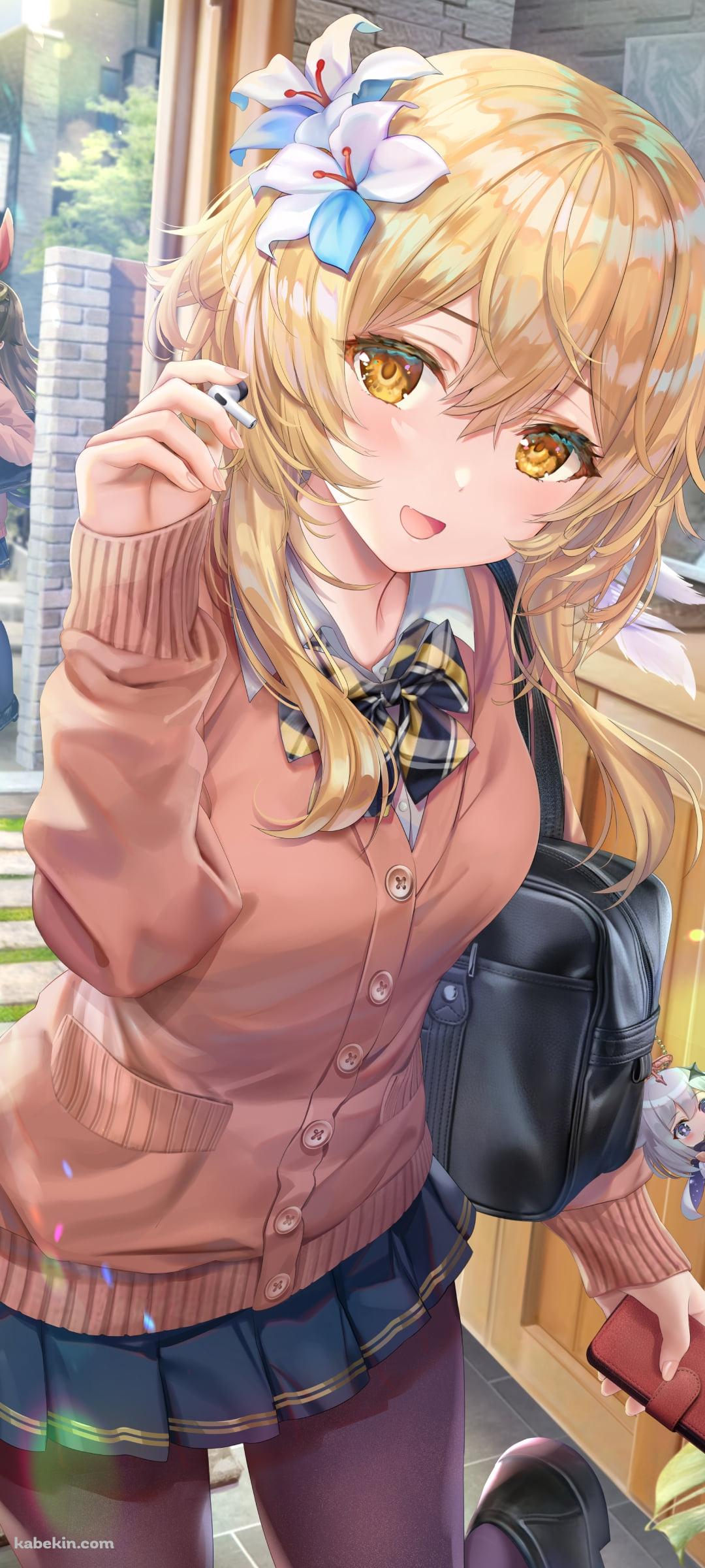 学校から帰宅する蛍 / 白い花の髪飾り / 制服 / 女子高生 / 挨拶するアンバー / 原神のAndroidの壁紙(1080px x 2400px) スマホ用