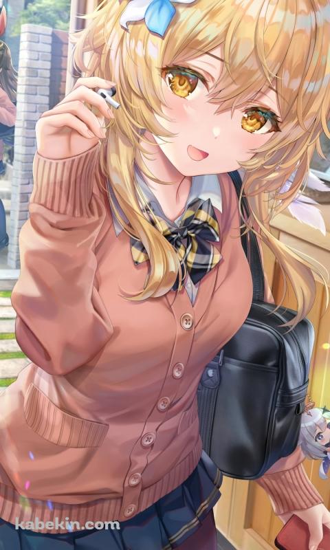 学校から帰宅する蛍 / 白い花の髪飾り / 制服 / 女子高生 / 挨拶するアンバー / 原神のAndroidの壁紙(480px x 800px) スマホ用