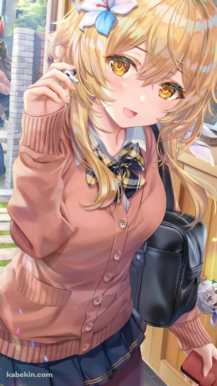 学校から帰宅する蛍 / 白い花の髪飾り / 制服 / 女子高生 / 挨拶するアンバー / 原神のAndroidの壁紙(720px x 1280px) スマホ用