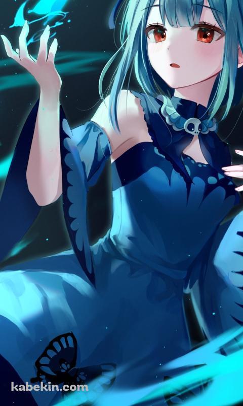 緑の光る蝶と綺麗な潤羽るしあ / お団子ヘアー / ホロライブ / バーチャルYouTuber / Vtuber / イラスト / ファンアートのAndroidの壁紙(480px x 800px) スマホ用