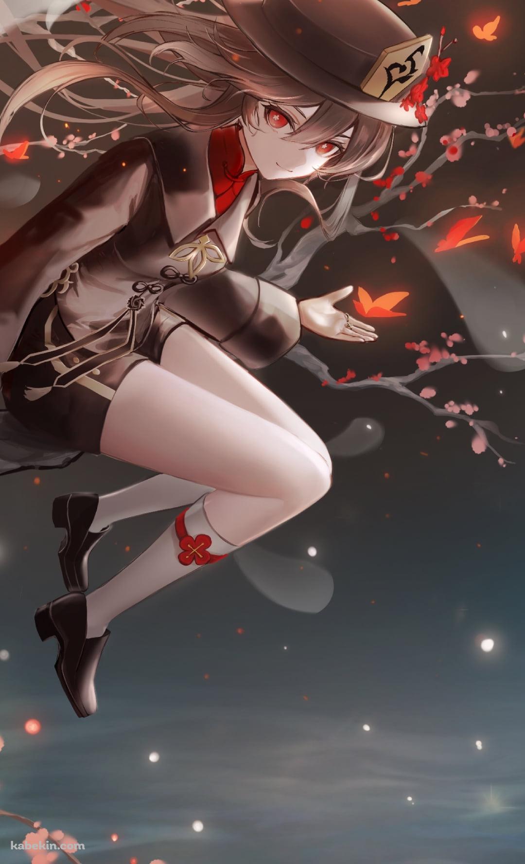 細い木に腰掛ける胡桃 / 笑顔のお化け / 原神のAndroidの壁紙(1080px x 1776px) スマホ用