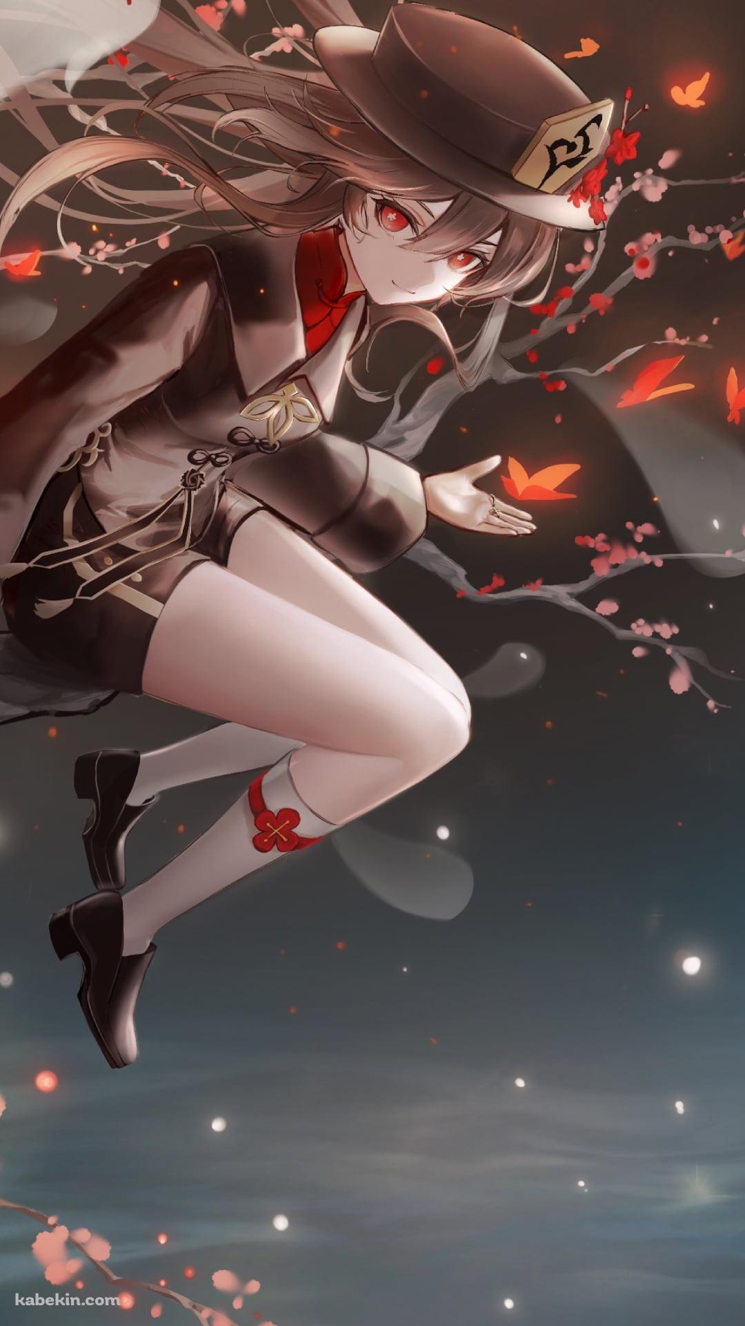 細い木に腰掛ける胡桃 / 笑顔のお化け / 原神のAndroidの壁紙(1080px x 1920px) スマホ用