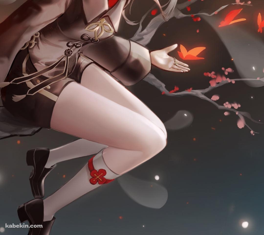 細い木に腰掛ける胡桃 / 笑顔のお化け / 原神のAndroidの壁紙(1080px x 960px) スマホ用