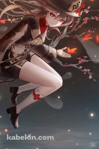 細い木に腰掛ける胡桃 / 笑顔のお化け / 原神のAndroidの壁紙(320px x 480px) スマホ用
