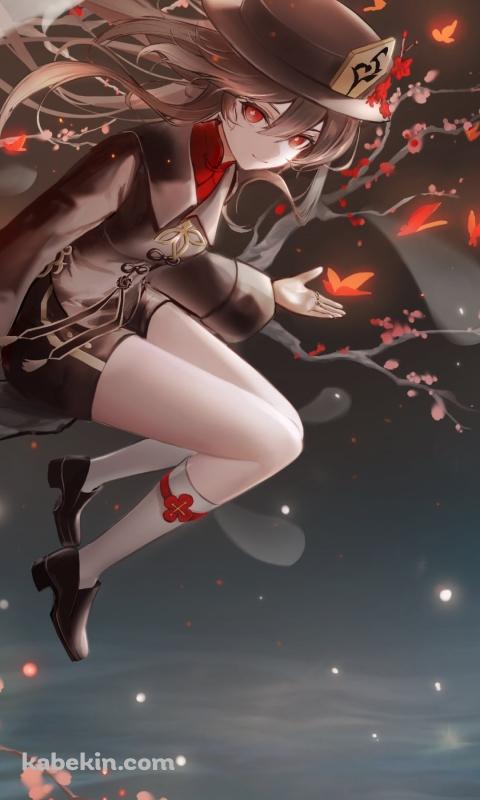細い木に腰掛ける胡桃 / 笑顔のお化け / 原神のAndroidの壁紙(480px x 800px) スマホ用