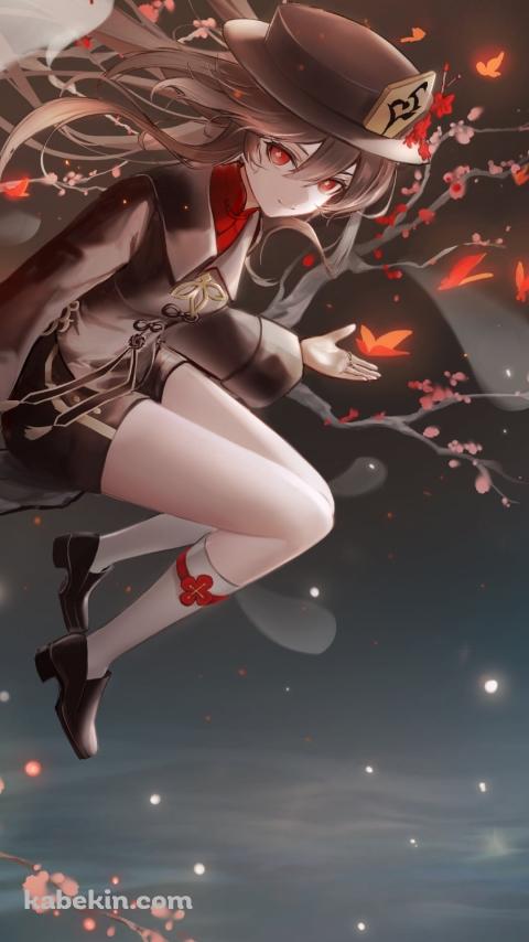 細い木に腰掛ける胡桃 / 笑顔のお化け / 原神のAndroidの壁紙(480px x 854px) スマホ用
