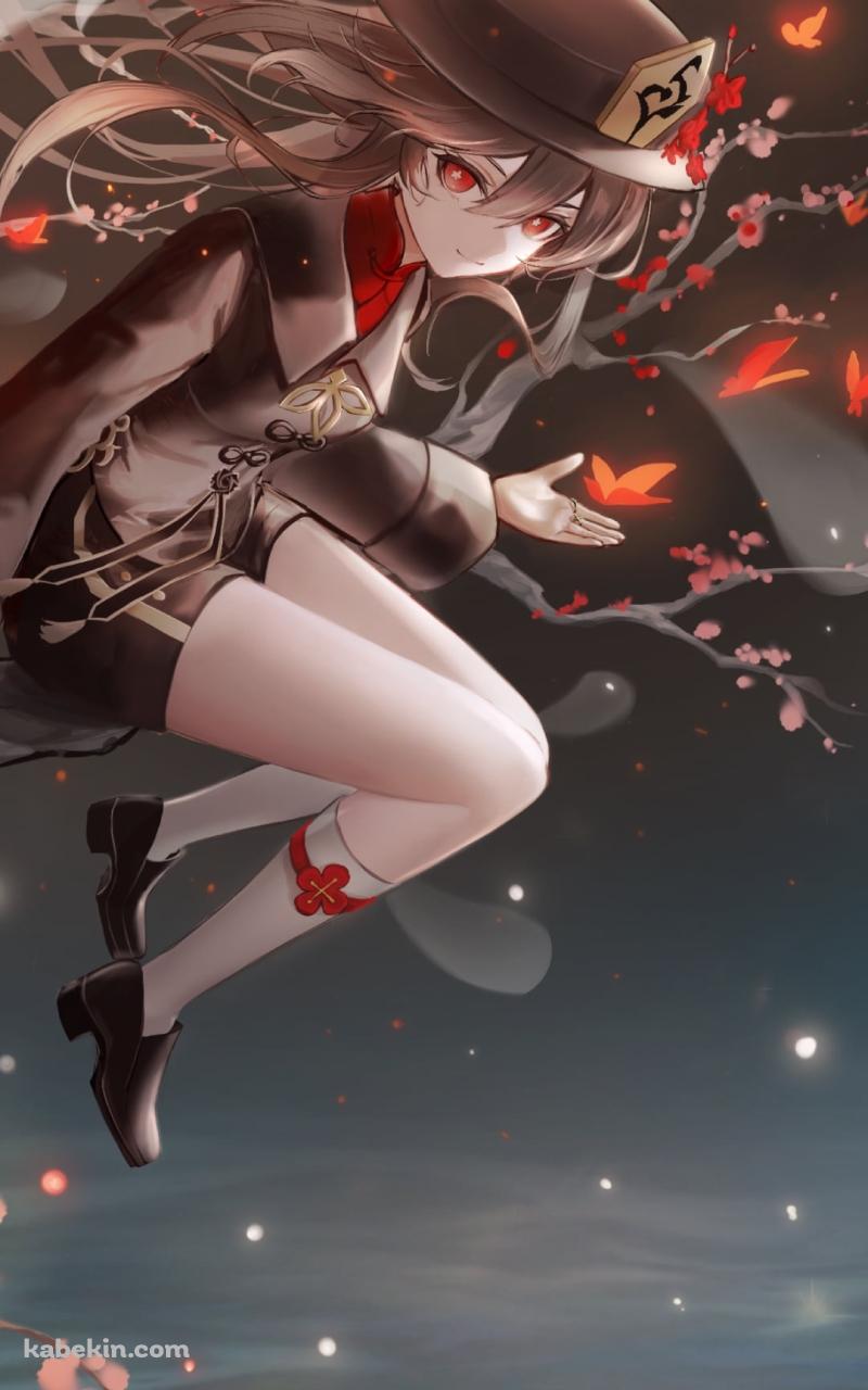 細い木に腰掛ける胡桃 / 笑顔のお化け / 原神のAndroidの壁紙(800px x 1280px) スマホ用