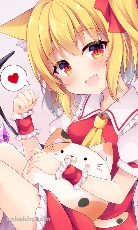 ガッツポーズをして笑顔のフランドール・スカーレット / 赤いハート / 東方のAndroidの壁紙(480px x 800px) スマホ用