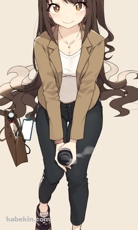 ホットコーヒーを持ち笑顔の島村卯月 / アイドルマスターシンデレラガールズのAndroidの壁紙(480px x 800px) スマホ用