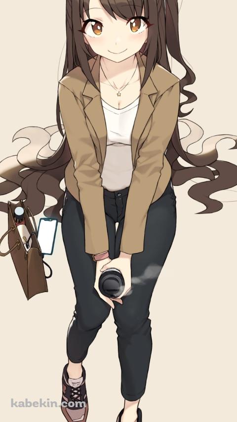 ホットコーヒーを持ち笑顔の島村卯月 / アイドルマスターシンデレラガールズのAndroidの壁紙(480px x 854px) スマホ用