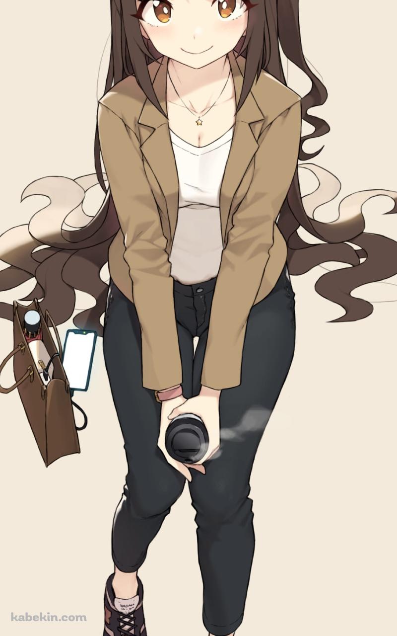 ホットコーヒーを持ち笑顔の島村卯月 / アイドルマスターシンデレラガールズのAndroidの壁紙(800px x 1280px) スマホ用