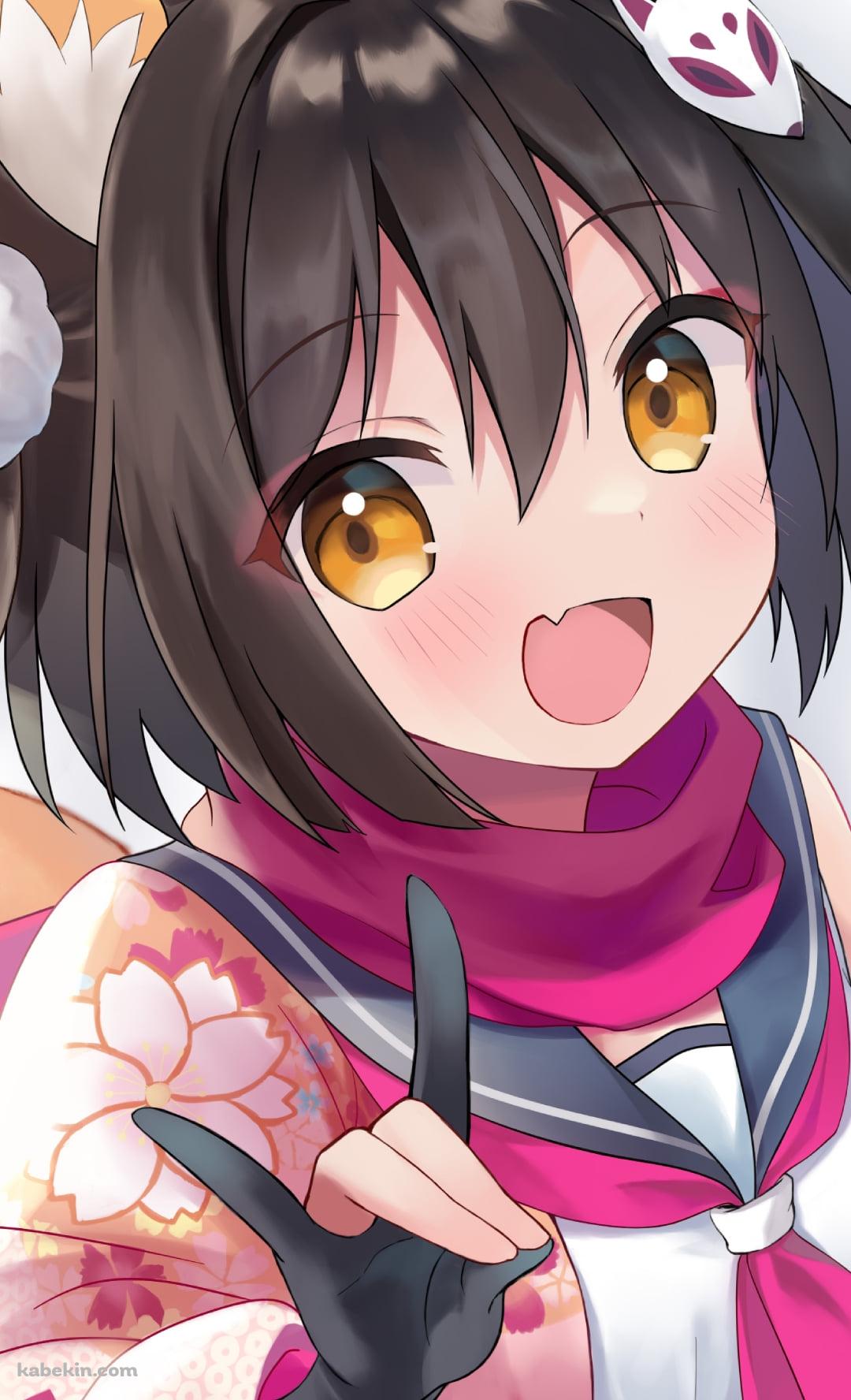 両手で狐のポーズをする笑顔の久田イズナ / ブルアカ / ブルーアーカイブのAndroidの壁紙(1080px x 1776px) スマホ用