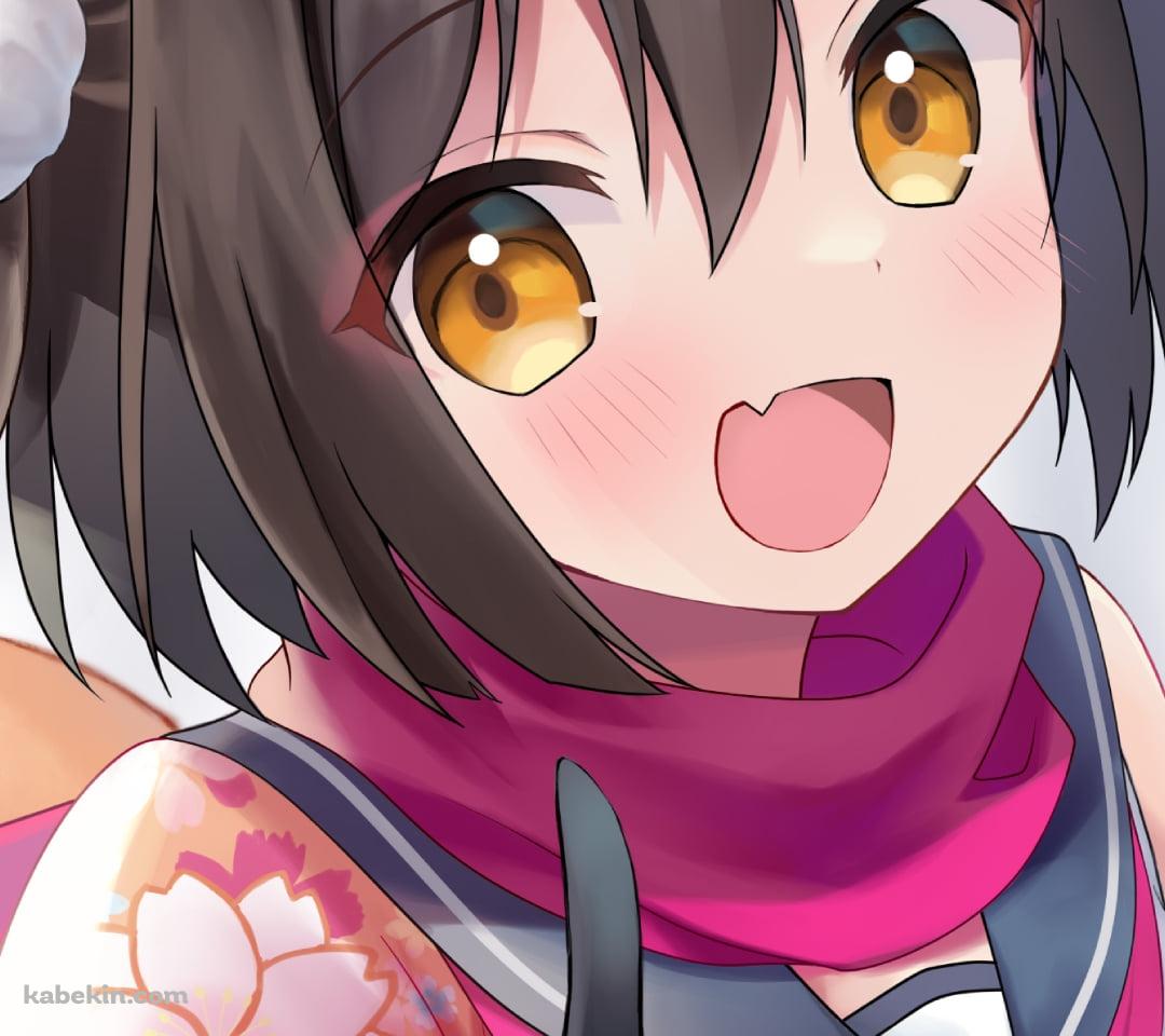 両手で狐のポーズをする笑顔の久田イズナ / ブルアカ / ブルーアーカイブのAndroidの壁紙(1080px x 960px) スマホ用