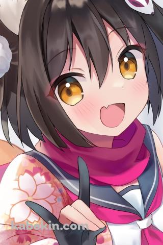 両手で狐のポーズをする笑顔の久田イズナ / ブルアカ / ブルーアーカイブのAndroidの壁紙(320px x 480px) スマホ用