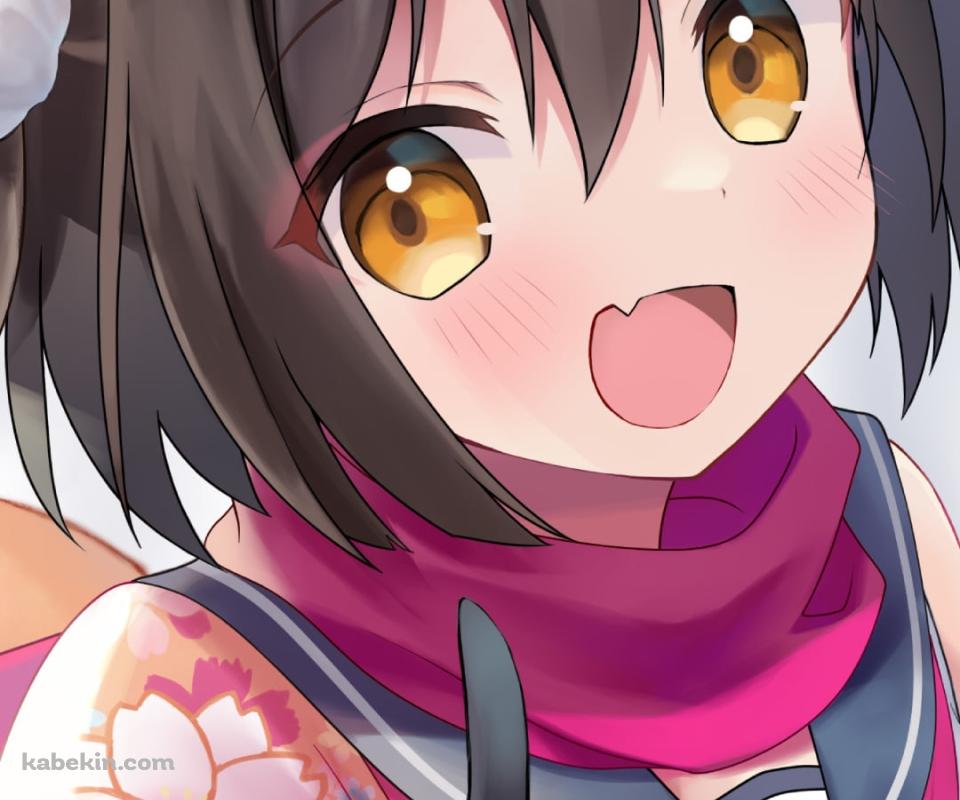 両手で狐のポーズをする笑顔の久田イズナ / ブルアカ / ブルーアーカイブのAndroidの壁紙(960px x 800px) スマホ用