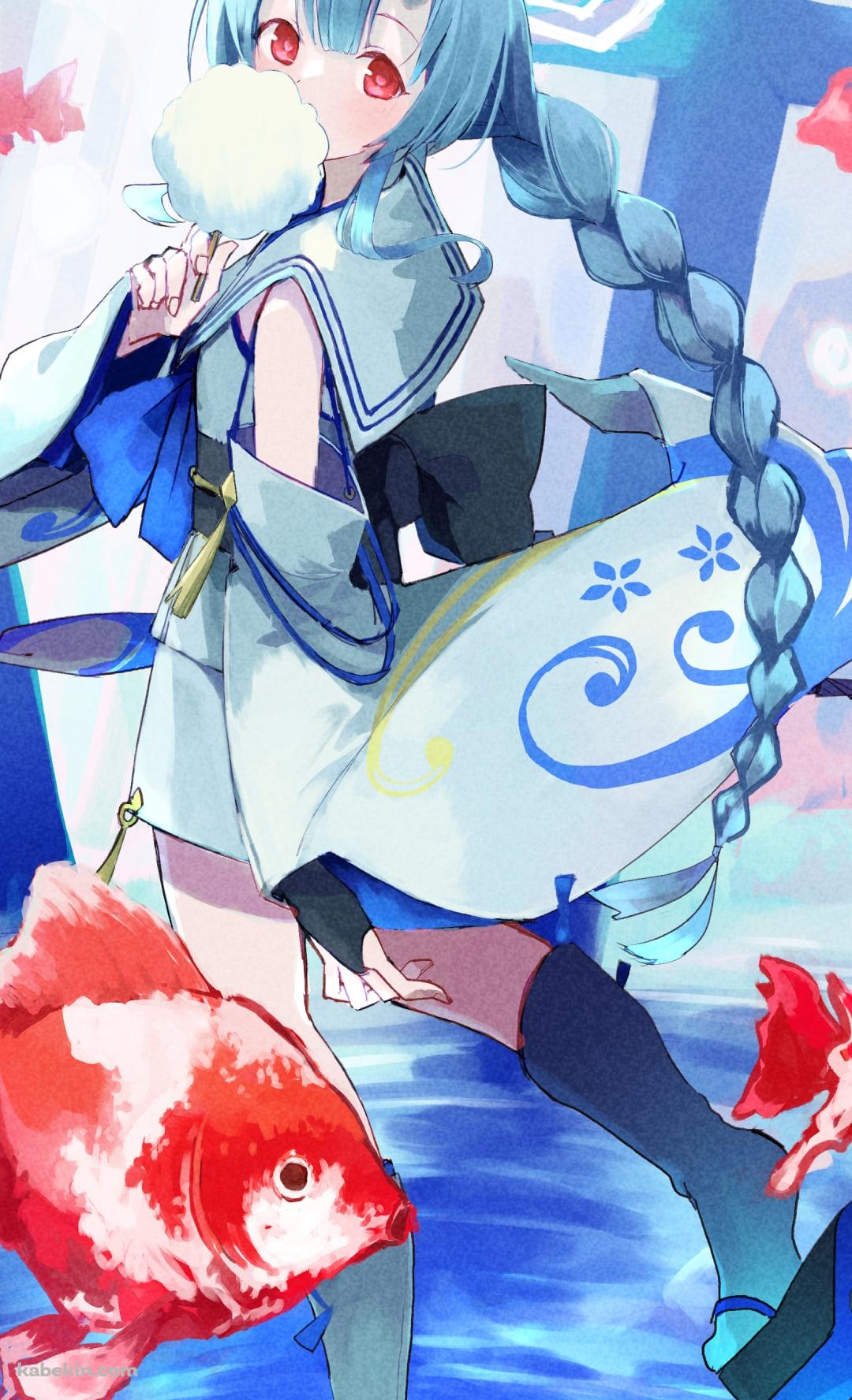 綿あめを食べて歩く和楽チセ（わらくちせ） / 金魚 / ブルアカ / ブルーアーカイブのAndroidの壁紙(1080px x 1776px) スマホ用