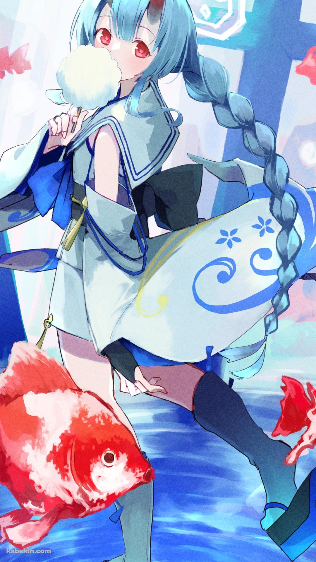 綿あめを食べて歩く和楽チセ（わらくちせ） / 金魚 / ブルアカ / ブルーアーカイブのAndroidの壁紙(1080px x 1920px) スマホ用