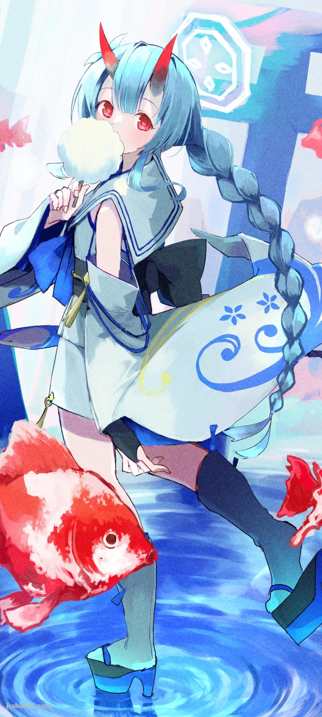 綿あめを食べて歩く和楽チセ（わらくちせ） / 金魚 / ブルアカ / ブルーアーカイブのAndroidの壁紙(1080px x 2400px) スマホ用