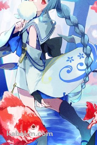 綿あめを食べて歩く和楽チセ（わらくちせ） / 金魚 / ブルアカ / ブルーアーカイブのAndroidの壁紙(320px x 480px) スマホ用