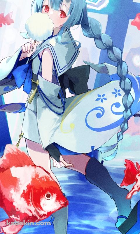 綿あめを食べて歩く和楽チセ（わらくちせ） / 金魚 / ブルアカ / ブルーアーカイブのAndroidの壁紙(480px x 800px) スマホ用