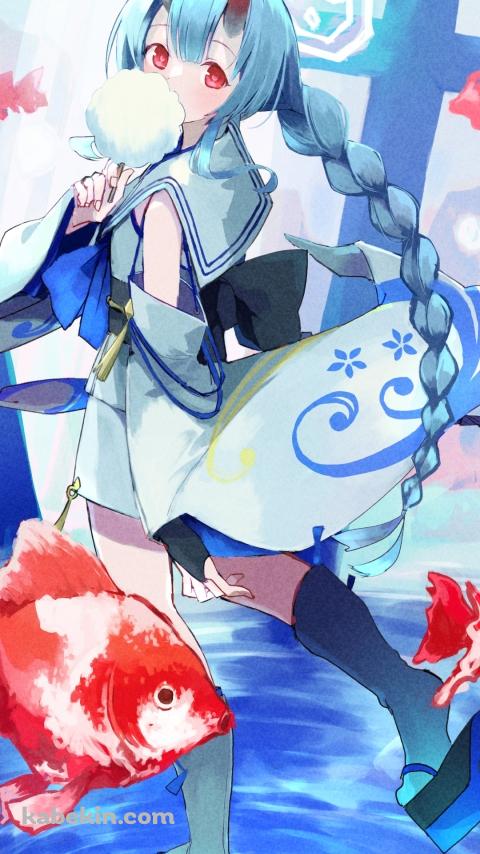綿あめを食べて歩く和楽チセ（わらくちせ） / 金魚 / ブルアカ / ブルーアーカイブのAndroidの壁紙(480px x 854px) スマホ用