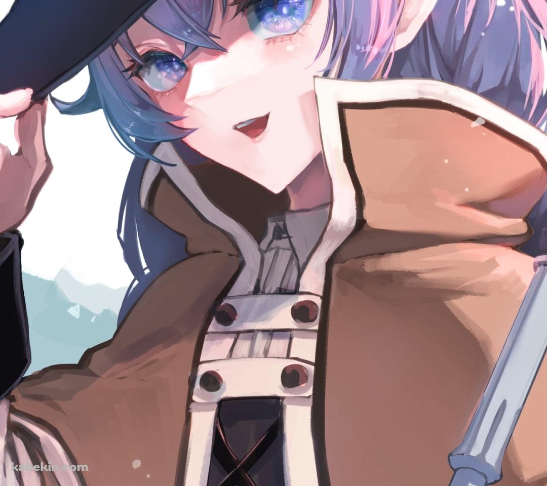 帽子のツバを持ち笑顔のロキシー・ミグルディア / 無職転生のAndroidの壁紙(1080px x 960px) スマホ用