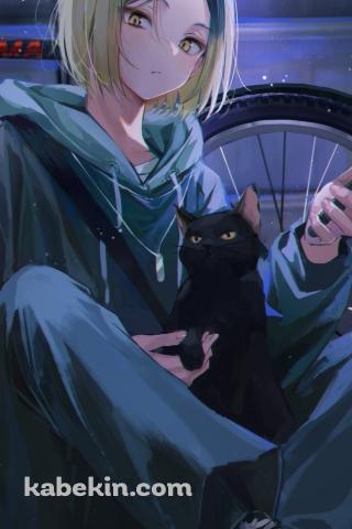 黒猫を抱えてスマホを見る孤爪研磨(こづめ けんま) / 自転車 / ハイキュー!!のAndroidの壁紙(320px x 480px) スマホ用