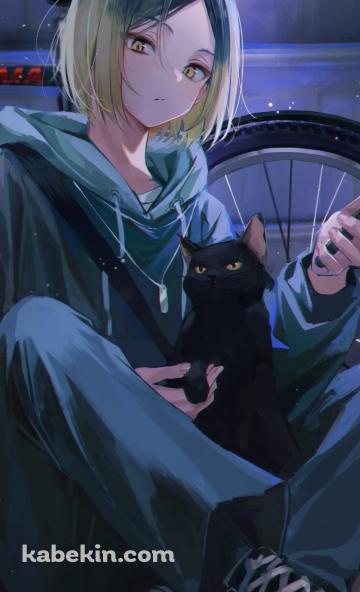 黒猫を抱えてスマホを見る孤爪研磨(こづめ けんま) / 自転車 / ハイキュー!!のAndroidの壁紙(360px x 592px) スマホ用