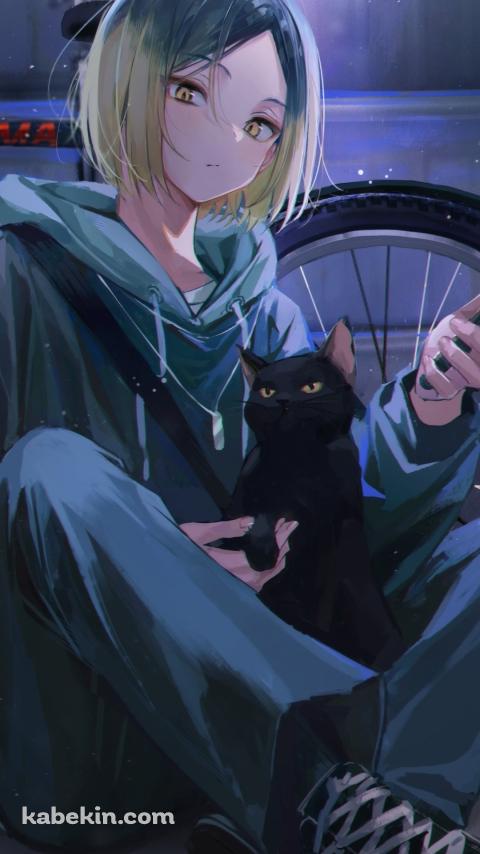 黒猫を抱えてスマホを見る孤爪研磨(こづめ けんま) / 自転車 / ハイキュー!!のAndroidの壁紙(480px x 854px) スマホ用