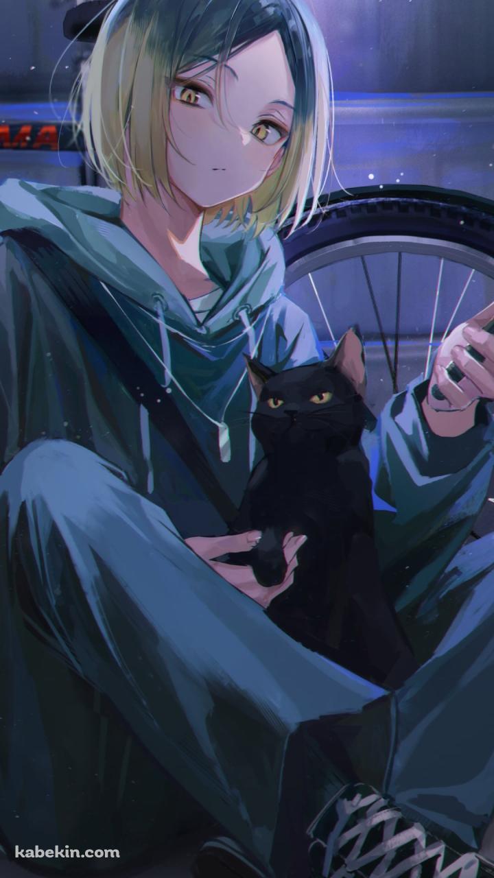 黒猫を抱えてスマホを見る孤爪研磨(こづめ けんま) / 自転車 / ハイキュー!!のAndroidの壁紙(720px x 1280px) スマホ用