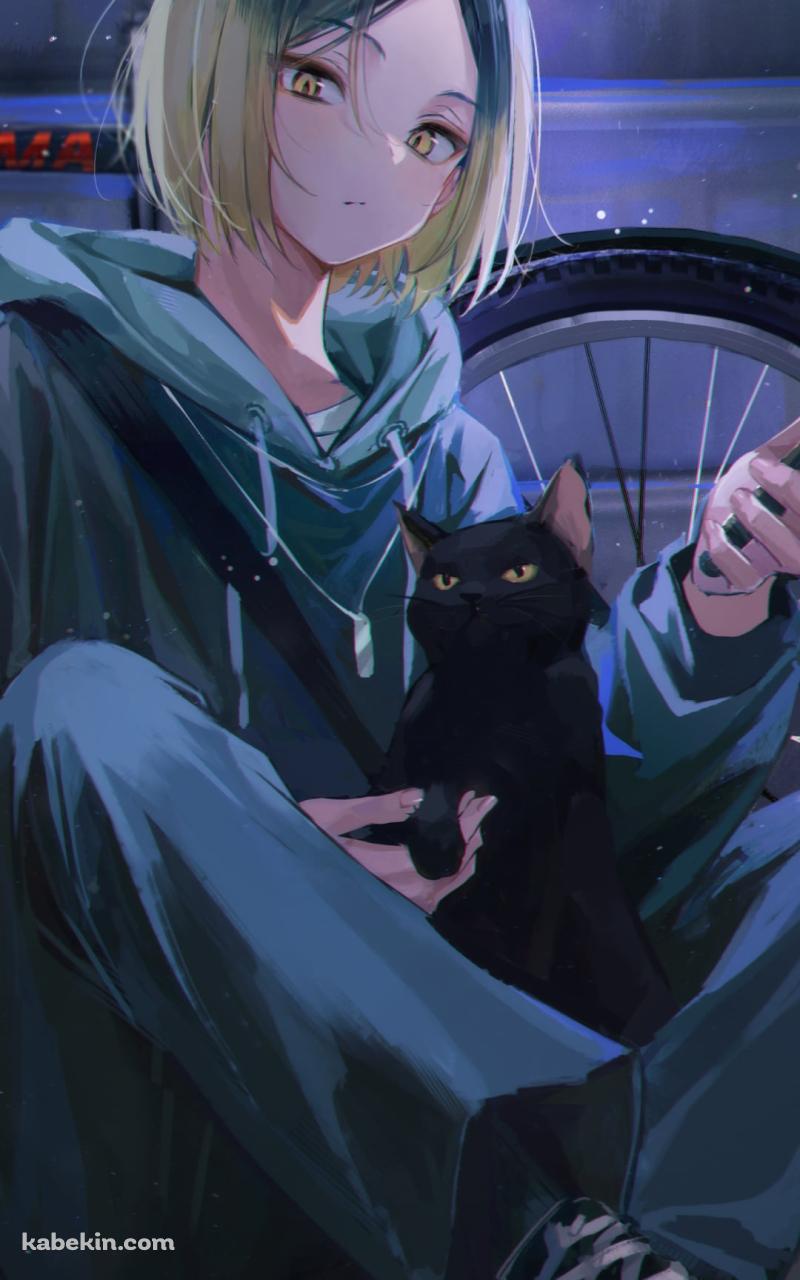 黒猫を抱えてスマホを見る孤爪研磨(こづめ けんま) / 自転車 / ハイキュー!!のAndroidの壁紙(800px x 1280px) スマホ用