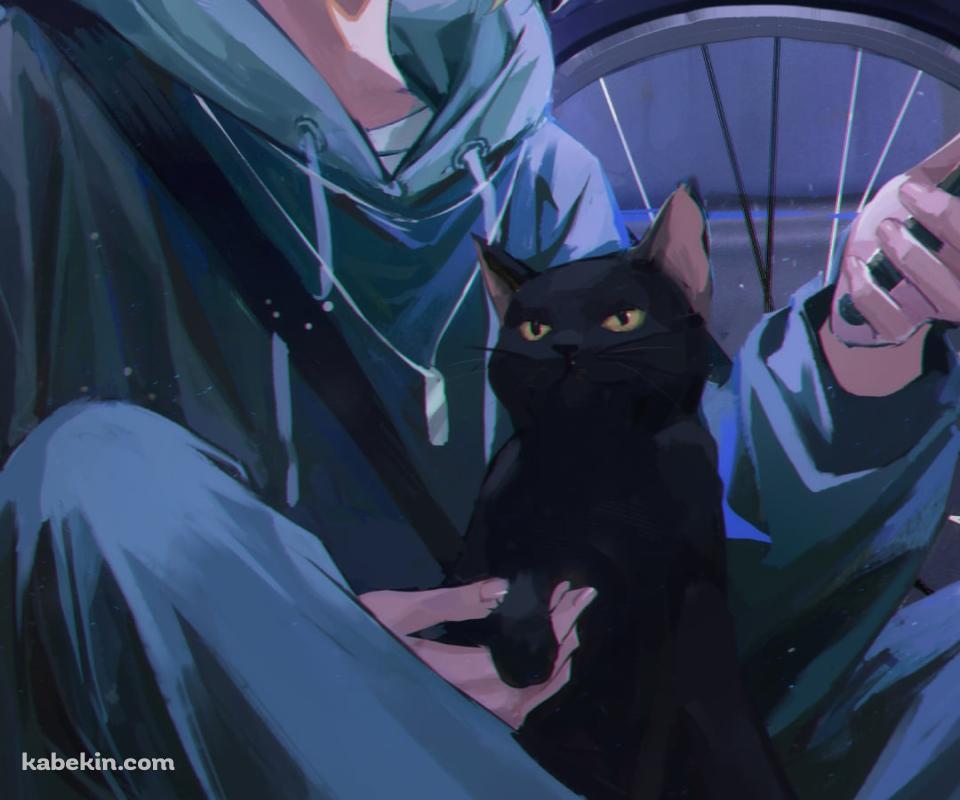 黒猫を抱えてスマホを見る孤爪研磨(こづめ けんま) / 自転車 / ハイキュー!!のAndroidの壁紙(960px x 800px) スマホ用