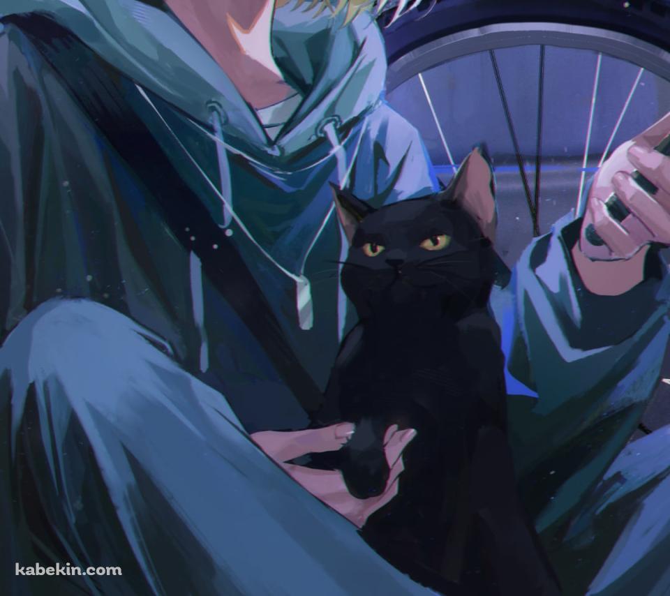 黒猫を抱えてスマホを見る孤爪研磨(こづめ けんま) / 自転車 / ハイキュー!!のAndroidの壁紙(960px x 854px) スマホ用