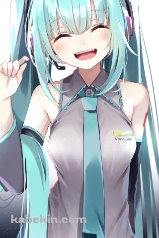 右手でポーズをとる可愛い笑顔の初音ミク / ボカロ / ボーカロイドのAndroidの壁紙(320px x 480px) スマホ用