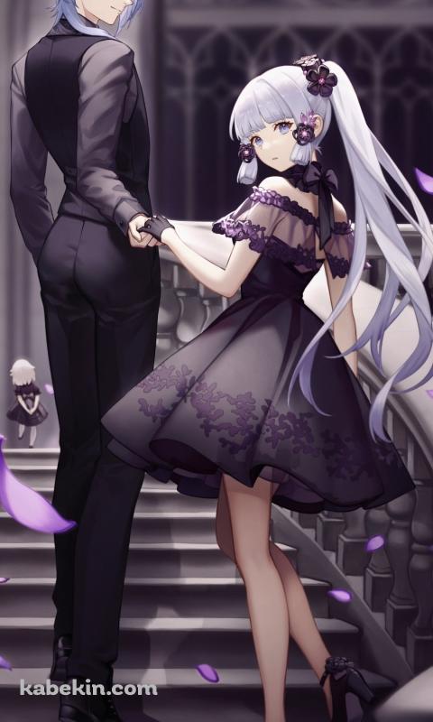 神里綾華をエスコートする神里綾人 / 黒いスーツとドレス / 原神のAndroidの壁紙(480px x 800px) スマホ用