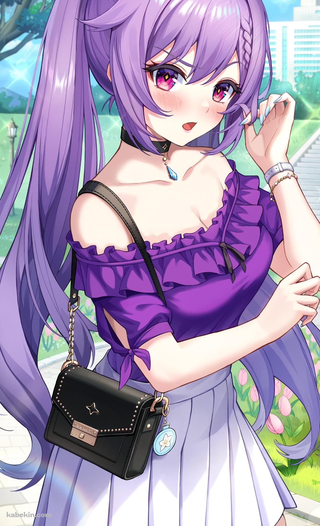 紫の洋服を着た可愛い刻晴 / お出かけ / 黒いバック / 原神のAndroidの壁紙(1080px x 1776px) スマホ用