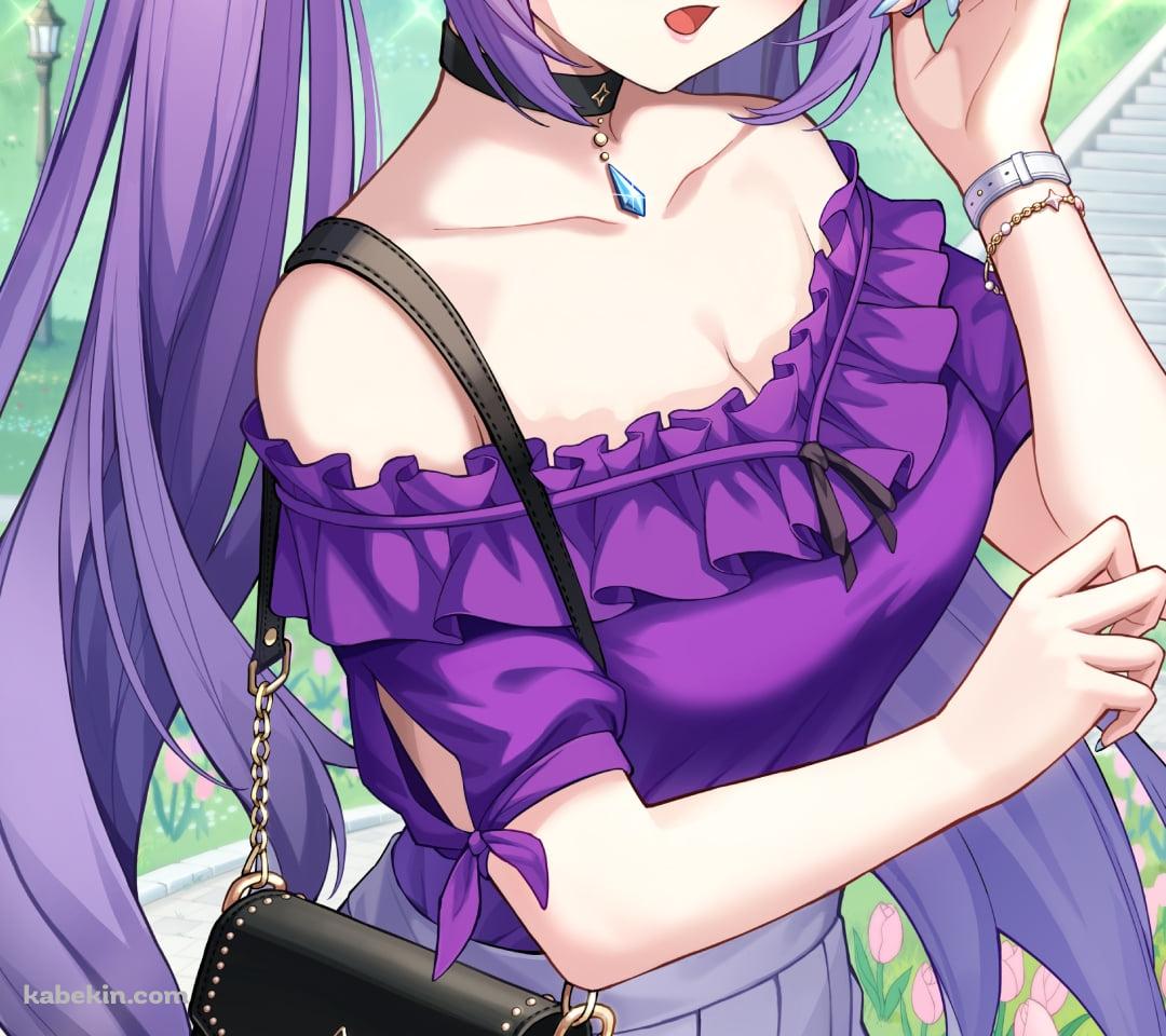 紫の洋服を着た可愛い刻晴 / お出かけ / 黒いバック / 原神のAndroidの壁紙(1080px x 960px) スマホ用