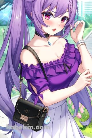 紫の洋服を着た可愛い刻晴 / お出かけ / 黒いバック / 原神のAndroidの壁紙(320px x 480px) スマホ用