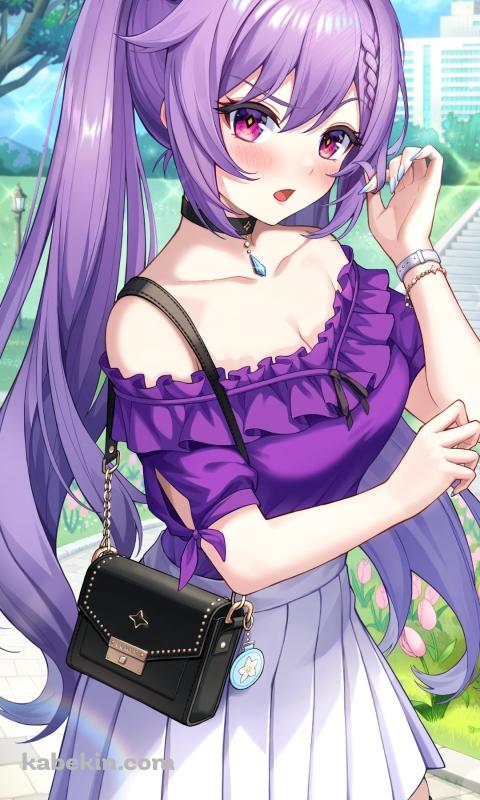 紫の洋服を着た可愛い刻晴 / お出かけ / 黒いバック / 原神のAndroidの壁紙(480px x 800px) スマホ用