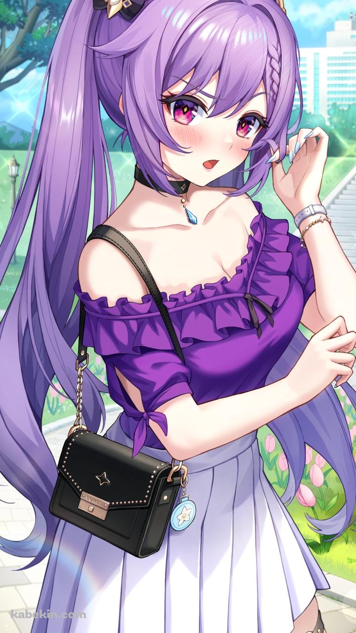 紫の洋服を着た可愛い刻晴 / お出かけ / 黒いバック / 原神のAndroidの壁紙(720px x 1280px) スマホ用