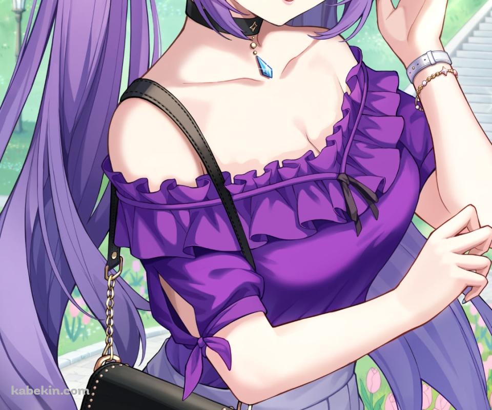 紫の洋服を着た可愛い刻晴 / お出かけ / 黒いバック / 原神のAndroidの壁紙(960px x 800px) スマホ用