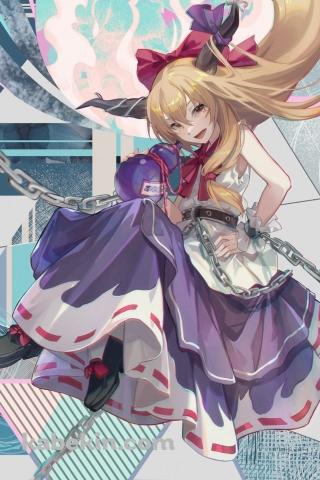 宙に浮き鉄球で攻撃する伊吹萃香（いぶき すいか） / 不羈奔放の鬼 / 東方のAndroidの壁紙(320px x 480px) スマホ用